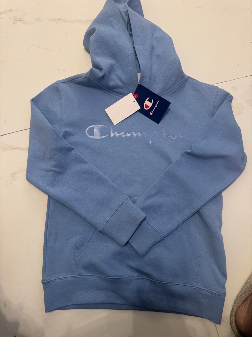 Champion Men’s Light Blue Crewneck Hoodie with Tonal Logo